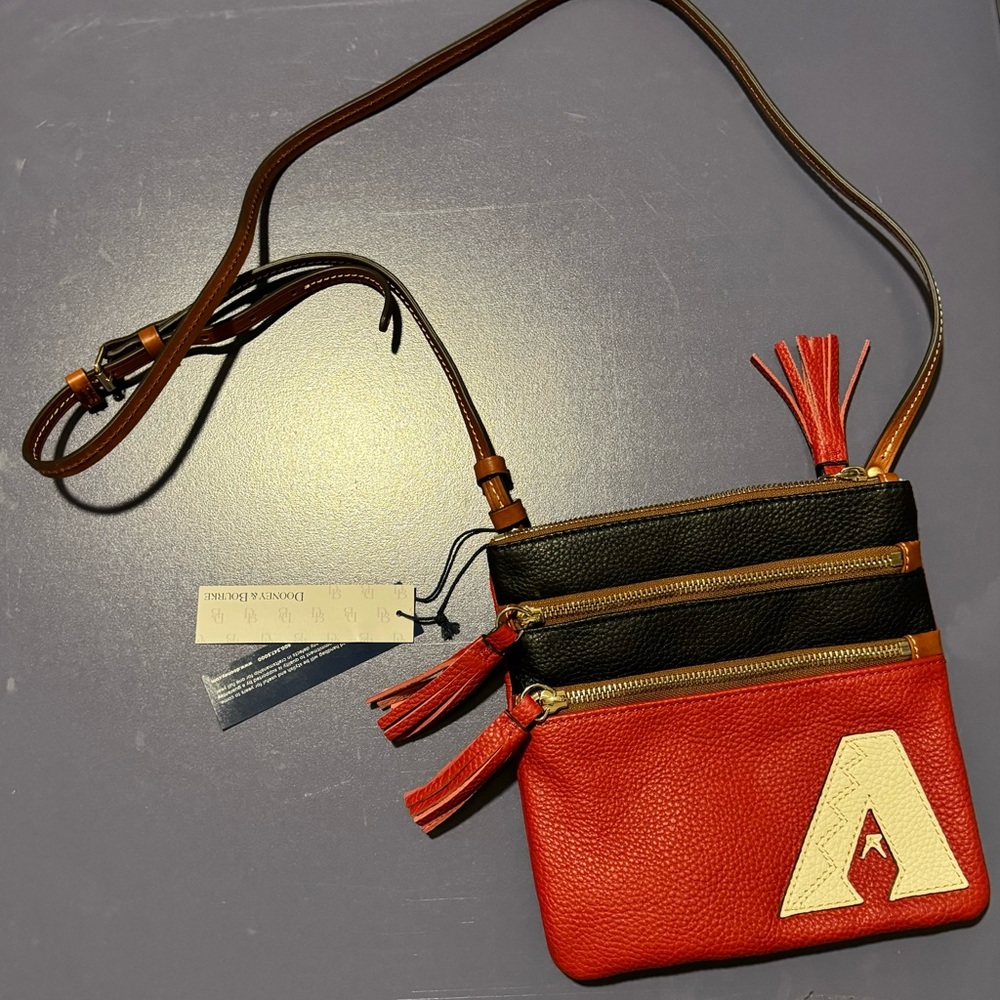 Dooney & Bourke Red and Black Diamondback 3 Zipper Crossbody Bag with Tassels